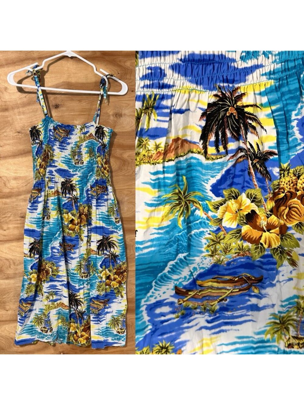 Hilo Hattie OS blue HAWAII tropical smocked sundress tie straps Vacation Cruise